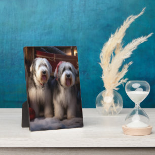 Oud-Engelse Schaapshond Sneeuw Slede Kerst Decorat Fotoplaat