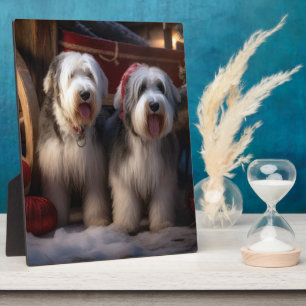 Oud-Engelse Schaapshond Sneeuwige slee Kerst Decor Fotoplaat