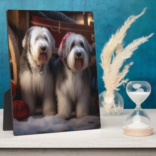Oud-Engelse Schaapshond Sneeuwige slee Kerst Decor Fotoplaat (Zijkant)