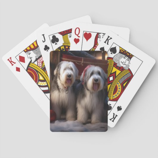Oud-Engelse Schaapshond Sneeuwige slee Kerst Decor Pokerkaarten (Achterkant)