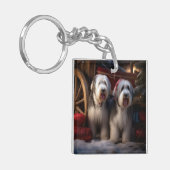 Oud-Engelse Schaapshond Sneeuwige slee Kerst Decor Sleutelhanger (Voorkant Links)