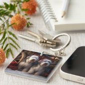 Oud-Engelse Schaapshond Sneeuwige slee Kerst Decor Sleutelhanger (Voorkant Rechts)