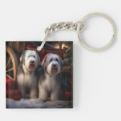 Oud-Engelse Schaapshond Sneeuwige slee Kerst Decor Sleutelhanger (Achterkant)