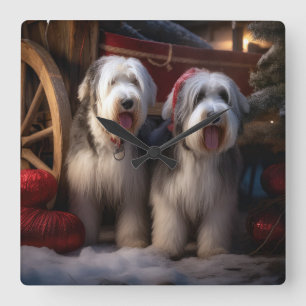 Oud-Engelse Schaapshond Sneeuwige slee Kerst Decor Vierkante Klok
