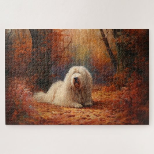 Oud-Engelse schapendoes in herfstbladeren val insp Legpuzzel (Horizontaal)