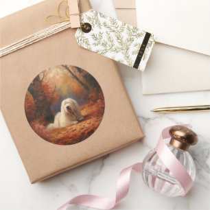 Oud-Engelse schapendoes in herfstbladeren val insp Ronde Sticker