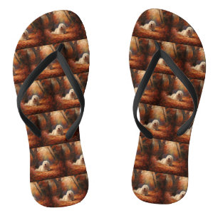 Oud-Engelse schapendoes in herfstbladeren val insp Teenslippers