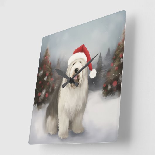 Oud-Engelse schapendoes in Sneeuw Kerstmis Vierkante Klok (Hoek)