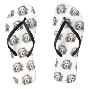 Oud-Engelse schapendoes Kerstkrans Festieve Pup Teenslippers
