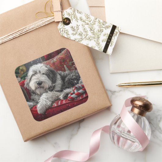 Oud-Engelse schapendoes Kerstmis Feestelijk Vierkante Sticker (Geschenken)