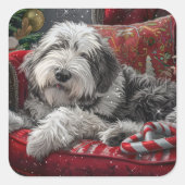 Oud-Engelse schapendoes Kerstmis Feestelijk Vierkante Sticker (Voorkant)