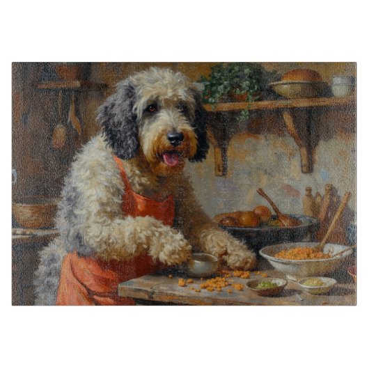 Oud-Engelse schapendoes Kookt in Keuken Snijplank (Voorkant)