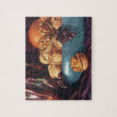 Oud eten, walnoten en fruit in een blauwe kom legpuzzel (Verticaal)