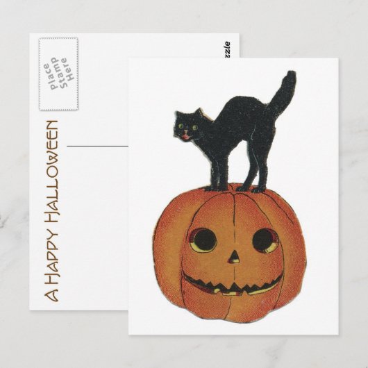 Oud Fashioned Halloween Jack-O-Lantern & Black Cat Briefkaart (Voorkant / Achterkant)