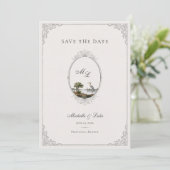 Oud Frans landelijk monogram trouw Save The Date (Staand voorkant)