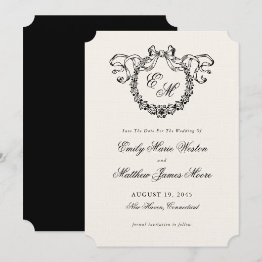 Oud Frans Monogram Krans Elegant Trouwen Save The Date (Voorkant / Achterkant)