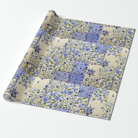 Oud-gefaseerd blauw Floral Quilt Pattern Cadeaupapier (Uitgerold)