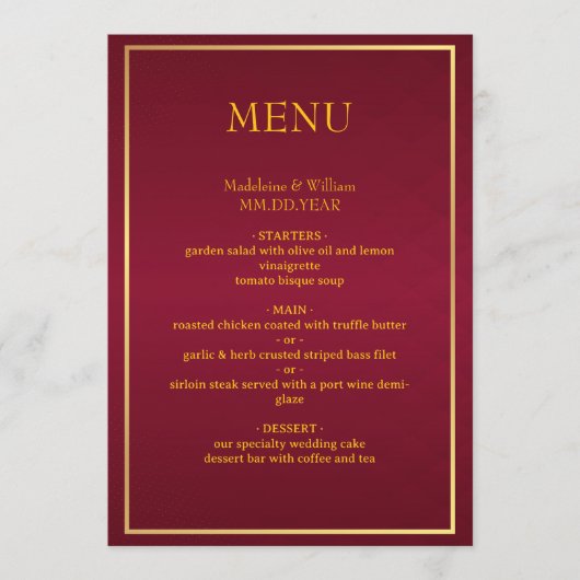 Oud Geld Bourgondië & Goud Elegant Menu (Voorkant)