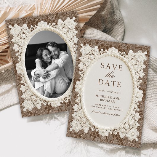 Oud Geld Bruine Ivoor Kant Bruidsjurk Save The Date