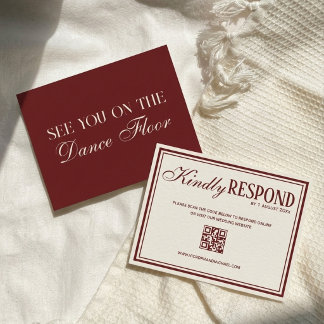 Oud Geld Chic Burgundy Ivoor QR Code Bruiloft RSVP Kaartje