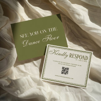 Oud Geld Chic Olijfgroen Ivoor QR Code Huwelijk RSVP Kaartje