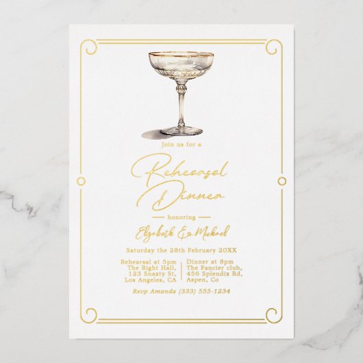 Oud geld esthetische bruiloft repetitie diner folie uitnodiging (Voorkant)