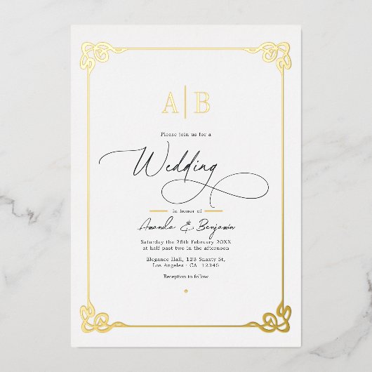 Oud geld esthetische gouden en ivoren bruiloft folie uitnodiging (Voorkant)