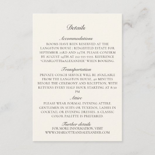 Oud geld, ivoor bruiloft details informatiekaartje (Voorkant)