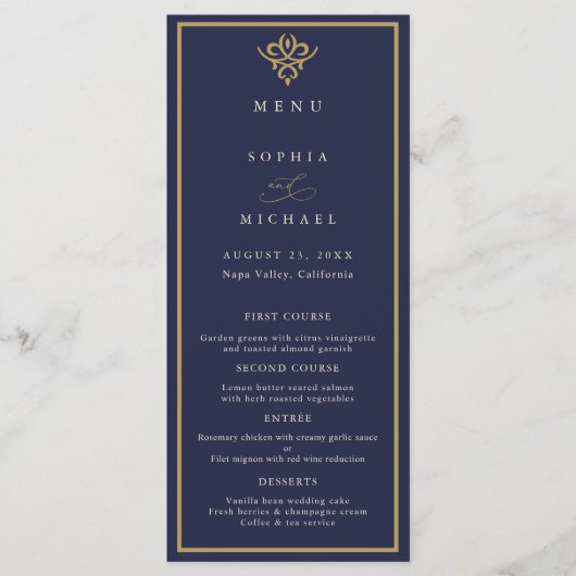 Oud Geld Navy Blauwe Trouwplattegrond Menu (Voorkant)