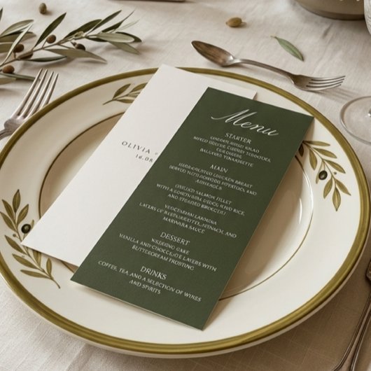 Oud Geld Olijfgroen Elegant Monogram Trouwfeest Menu