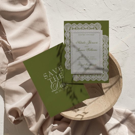 Oud Geld Olijfgroene Kant Trouw Save The Date