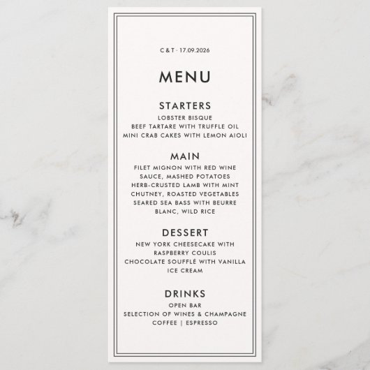 Oud Geld / Rustige Luxe Zwart-Wit bruiloft Menu (Voorkant)