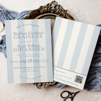 Oud Geld Stofblauw Strepen QR Code Chic Bruiloft Kaart