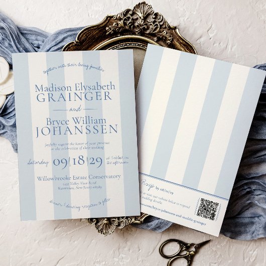 Oud Geld Stofblauw Strepen QR Code Chic Bruiloft Kaart