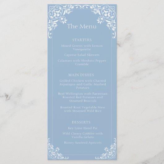 Oud Geld Stoffig Blauw Elegant Trouwmenu Menu (Voorkant)