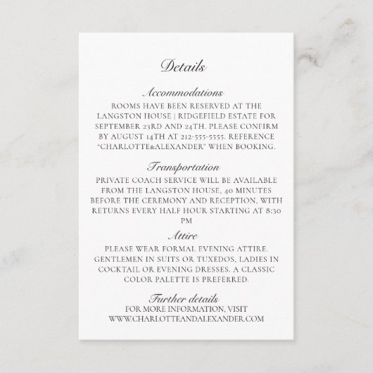 Oud Geld, transparant/neutraal tas, Bruiloftsdetai Informatiekaartje (Voorkant)