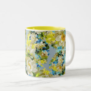Oud gele bloemmotief tweekleurige koffiemok