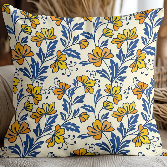 Oud Gele Oker Volk Bloem Blauw Blad Kussen (Creator heeft geüpload)