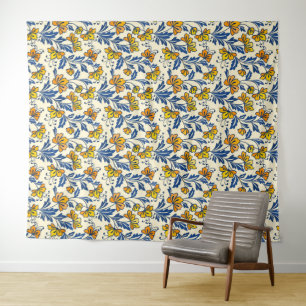 Oud Gele Oranje Folk Bloemmotief Blauwe Blad Wandkleed
