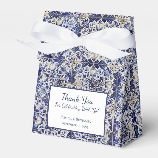 Oud geometrisch blauw-wit tegelpatroon bedankdoosjes (Voorkant Zijde)