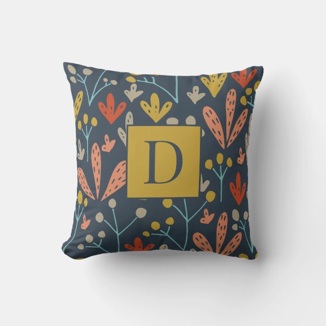 Oud Gouden Bloemmotief Modern Monogram Kussen (Voorkant)