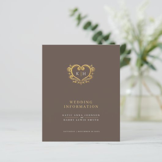 Oud gouden hart monogram bruiloft gast informatie (Staand voorkant)