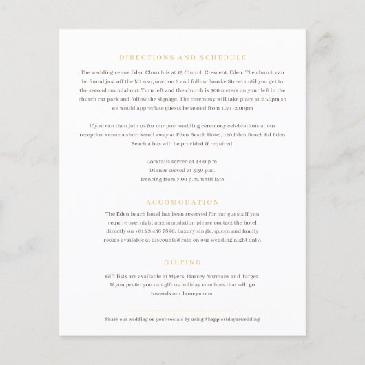 Oud gouden hart monogram bruiloft gast informatie (Achterkant)