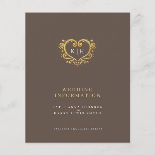 Oud gouden hart monogram bruiloft gast informatie (Voorkant)