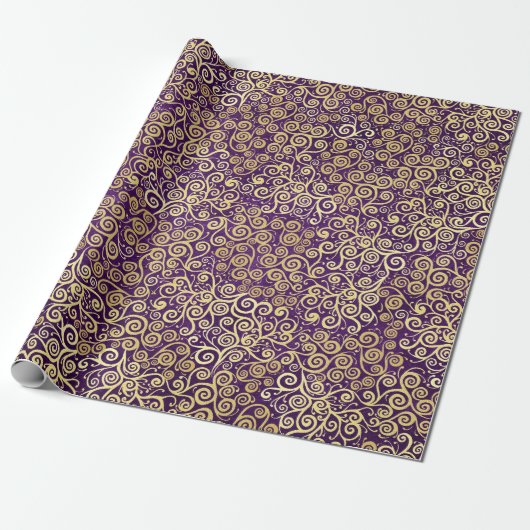 Oud gouden krullenpatroon chic paars Aubergine Cadeaupapier (Uitgerold)