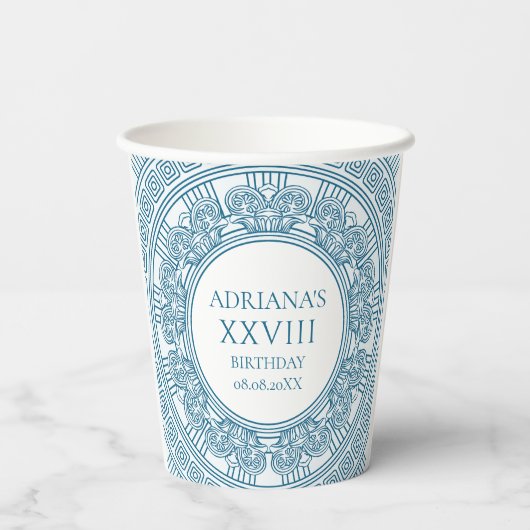 Oud Griekenland toga party thema met blauw patroon Papieren Bekers (Achterkant)