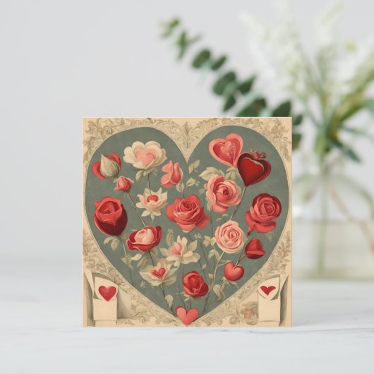 Oud hart met rozen voor Valentijnsdag  Feestdagenkaart (Staand voorkant)