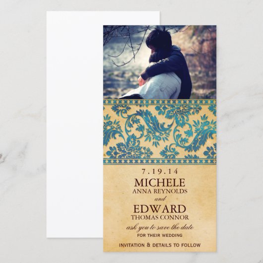 Oud Hemelsblauw Damast Kant Save the Date (Voorkant / Achterkant)