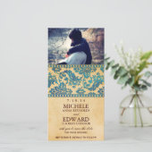 Oud Hemelsblauw Damast Kant Save the Date (Staand voorkant)