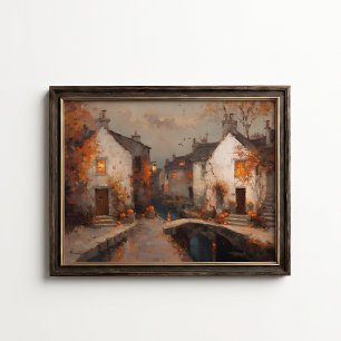 Oud herfst dorps kanaal cottage poster
